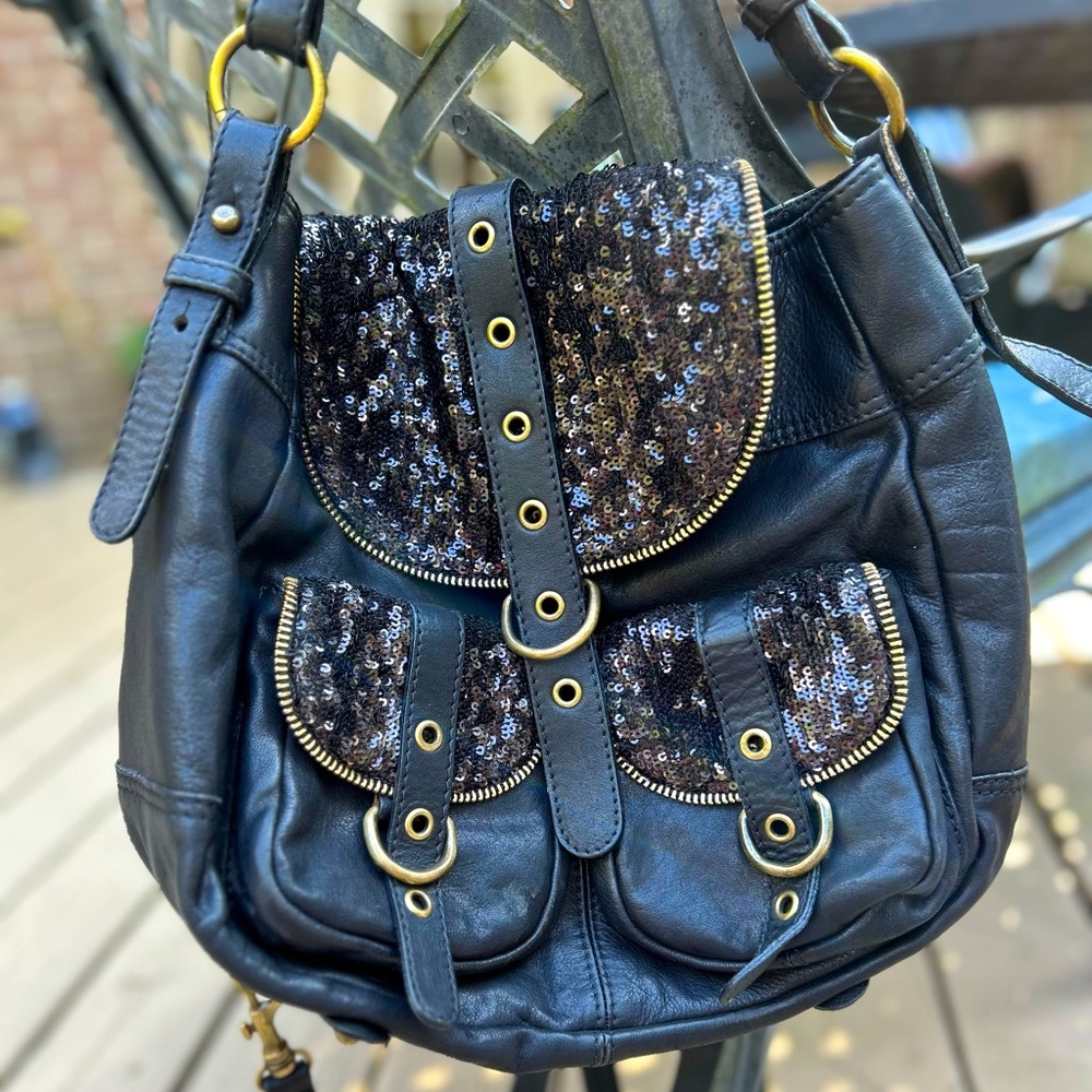 Via Repubblica Genuine Leather Sequin Convertible Backpack Purse Y2K Boho